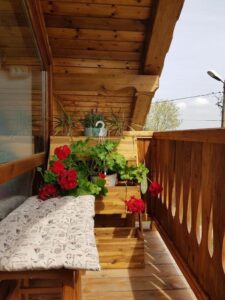 Rustic balcony with red flowers and greenery.