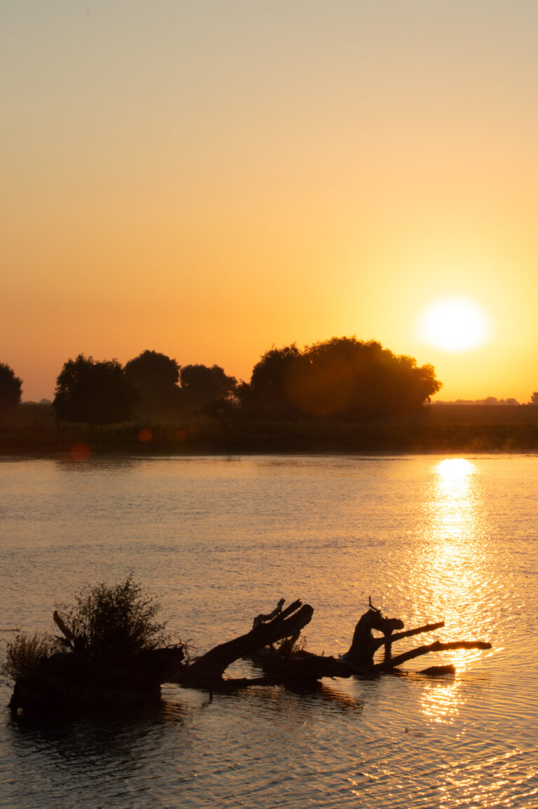 Sunset on the lake in a picturesque natural setting.