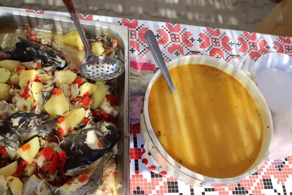 Traditional Romanian food served on the tablecloth.